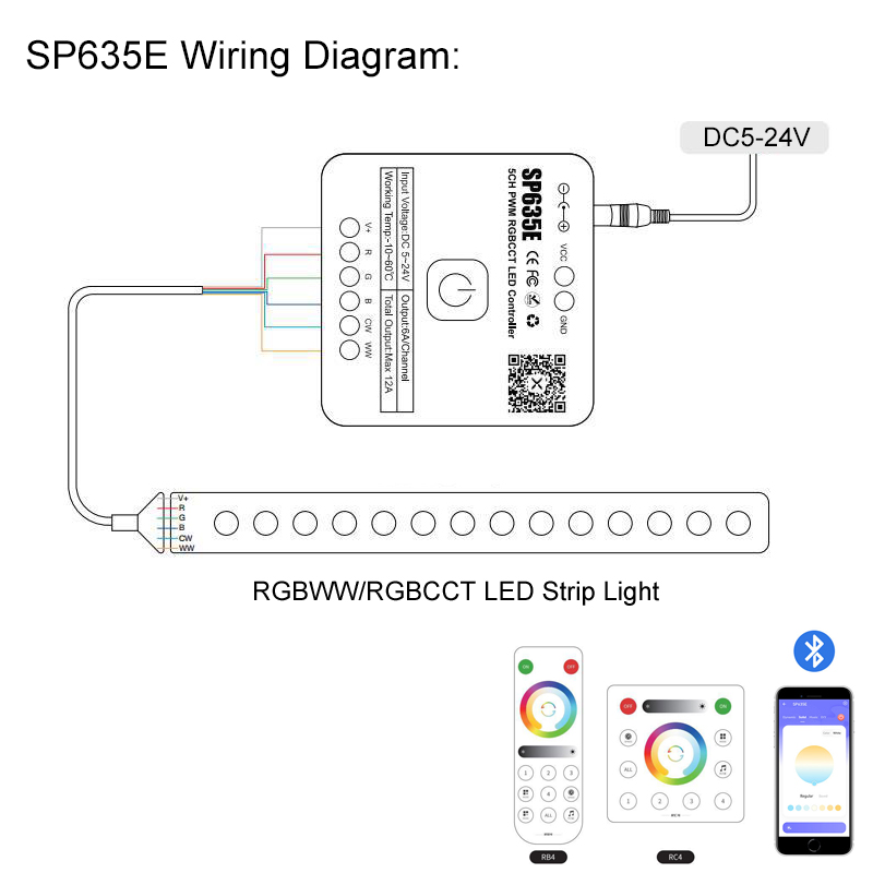 SP635E Bluetooth 5-24V RGBWW LED Light Controller SP635E Bluetooth 5-24V RGBWW LED Light Controller